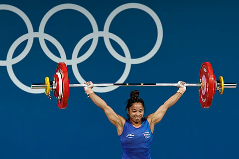 Mirabai Chanu Sikhom competes in Women 49kg Snatch of the Weightlifting competitions